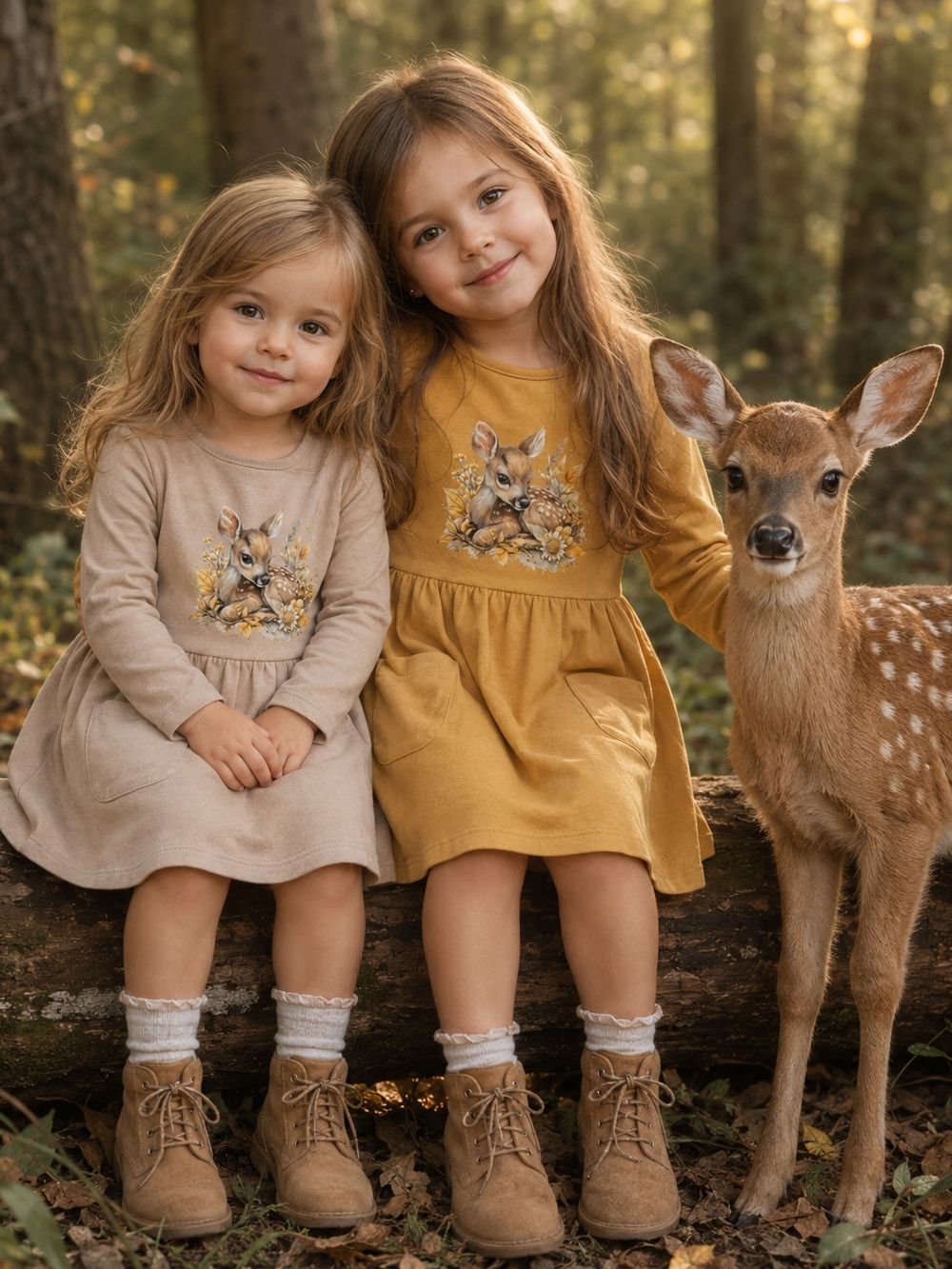 Dívčí šaty CUTE FAWN s dlouhým rukávem