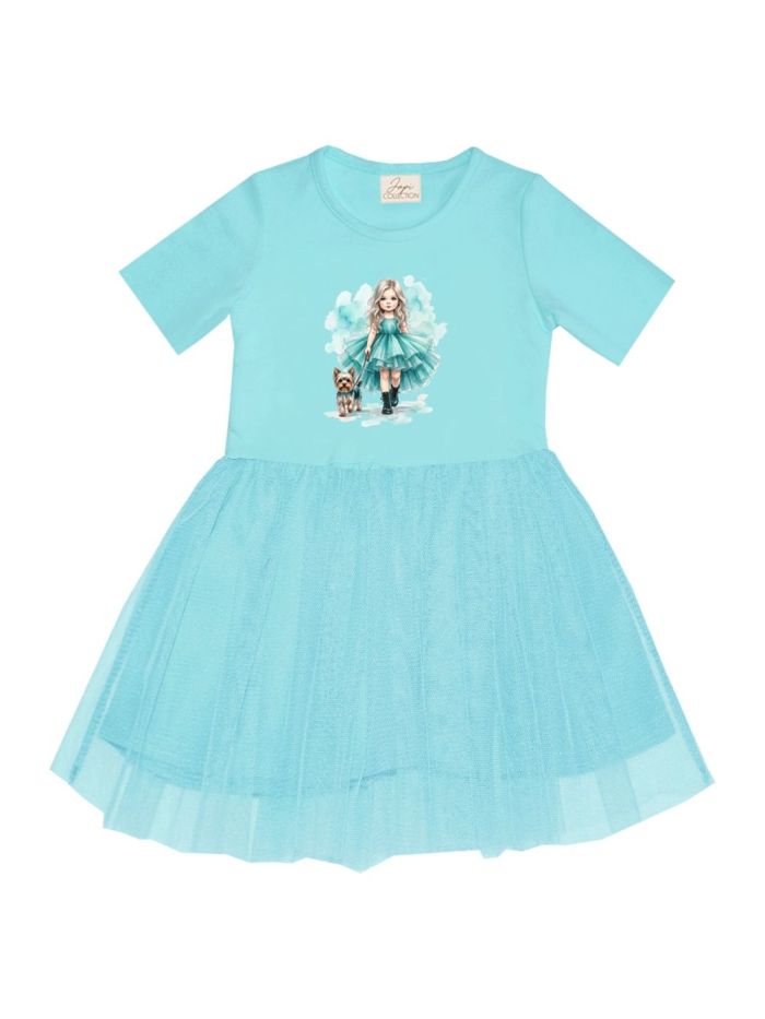 Dívčí šaty tyl GIRL IN TURQUOIS s krátkým rukávem